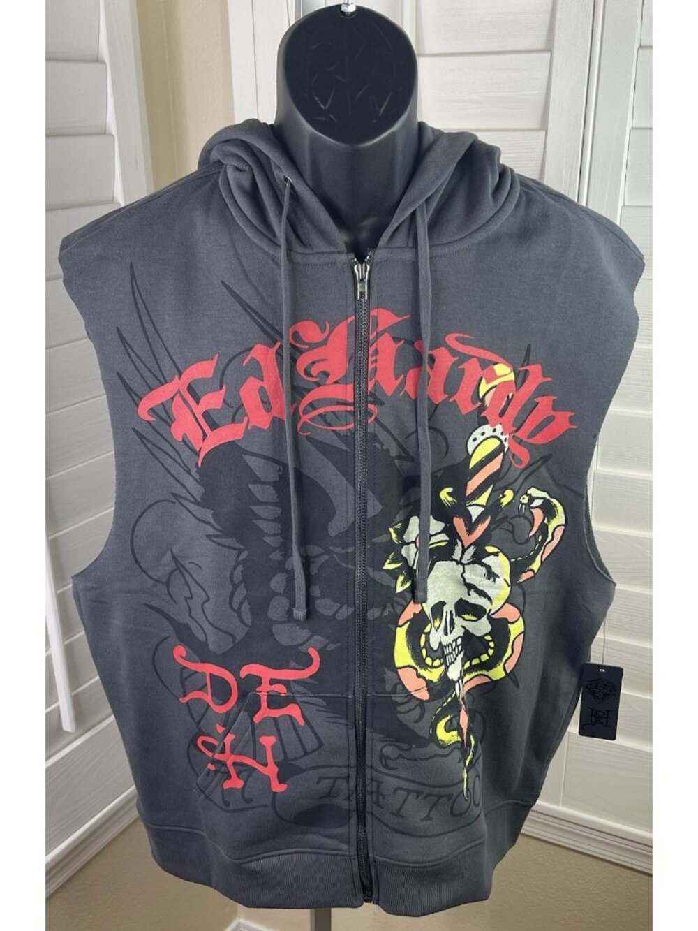 Ed Hardy Skull/Dagger/Panther Full Zip Cut Off Charcoal Hoodie - Men's L - NWT